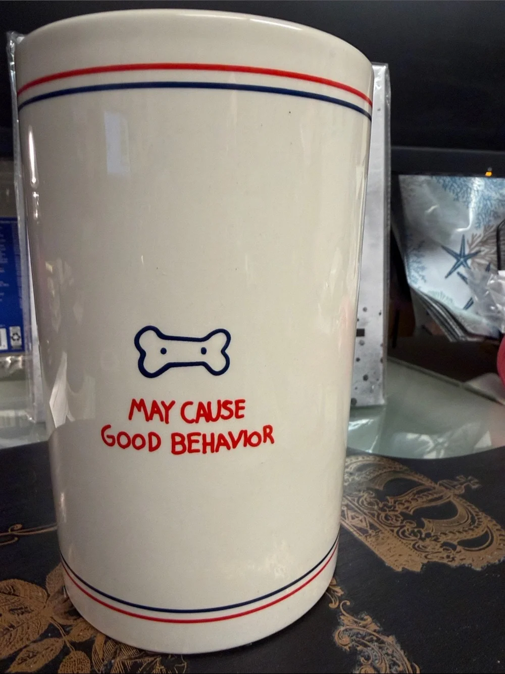 Dog Treat Canister - White with Red & Blue Accent 7” height